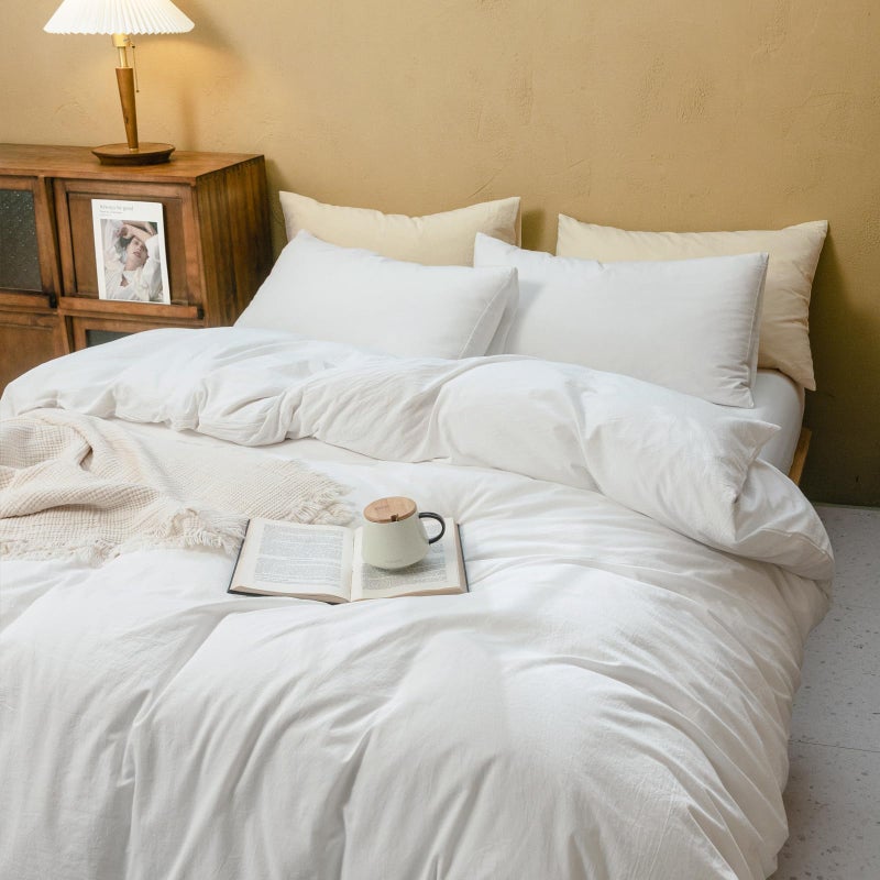 FOSSA White Duvet Cover Set, 100% Washed Cotton Linen Feel Super Soft Breathable Cozy 3 Pieces Bedding Sets Solid Off White King - Image 3